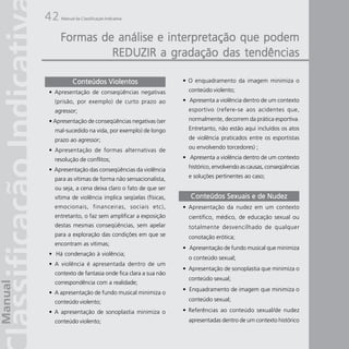 42   Manual da Classificação Indicativa




     Formas de análise e interpretação que podem
              REDUZIR a gradação das tendências

           Conteúdos Violentos                     • O enquadramento da imagem minimiza o
• Apresentação de conseqüências negativas            conteúdo violento;
  (prisão, por exemplo) de curto prazo ao          • Apresenta a violência dentro de um contexto
  agressor;                                          esportivo (refere-se aos acidentes que,
• Apresentação de conseqüências negativas (ser       normalmente, decorrem da prática esportiva.
  mal-sucedido na vida, por exemplo) de longo        Entretanto, não estão aqui incluídos os atos
  prazo ao agressor;                                 de violência praticados entre os esportistas
                                                     ou envolvendo torcedores) ;
• Apresentação de formas alternativas de
  resolução de conflitos;                          • Apresenta a violência dentro de um contexto

• Apresentação das conseqüências da violência        histórico, envolvendo as causas, conseqüências

  para as vítimas de forma não sensacionalista,      e soluções pertinentes ao caso;

  ou seja, a cena deixa claro o fato de que ser
  vítima de violência implica seqüelas (físicas,      Conteúdos Sexuais e de Nudez
  emocionais, financeiras, sociais etc),           • Apresentação da nudez em um contexto
  entretanto, o faz sem amplificar a exposição       científico, médico, de educação sexual ou
  destas mesmas conseqüências, sem apelar            totalmente desvencilhado de qualquer
  para a exploração das condições em que se          conotação erótica;
  encontram as vítimas;
                                                   • Apresentação de fundo musical que minimiza
• Há condenação à violência;
                                                     o conteúdo sexual;
• A violência é apresentada dentro de um
                                                   • Apresentação de sonoplastia que minimiza o
  contexto de fantasia onde fica clara a sua não
                                                     conteúdo sexual;
  correspondência com a realidade;
                                                   • Enquadramento de imagem que minimiza o
• A apresentação de fundo musical minimiza o
  conteúdo violento;                                 conteúdo sexual;

• A apresentação de sonoplastia minimiza o         • Referências ao conteúdo sexual/de nudez
  conteúdo violento;                                 apresentadas dentro de um contexto histórico
 