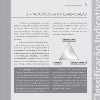 Manual da Classificação Indicativa   5

                 2 – METODOLOGIA DA CLASSIFICAÇÃO

      A análise de espetáculos, diversões            propostas da obra e ao público buscado pelo
públicas e obras audiovisuais segue um conjunto      produtor. Este método de análise, que é um
de preceitos básicos para tornar a classificação     procedimento      lógico, possui três etapas
um processo objetivo, democrático e plural -,        claramente definidas e integradas, tal como
sempre em construção, em respeito à criatividade,    expressa a ilustração a seguir:
à livre expressão dos produtores e aos direitos
humanos.
      Antes que uma classificação seja atribuída,
a obra, diversão ou espetáculo devem ser
analisados a partir de um conjunto diverso e
complementar de indicadores estruturados e
ordenados segundo um método de análise. Juntos
e ponderados, esses indicadores - da existência
de sexo e violência - ajudam a construir um relato
fidedigno do objeto analisado, permitindo assim
que a indicação etária ou horária corresponda às


        Na descrição fática da obra ou do                  A descrição fática deve conter, entre
 espetáculo, deve-se fazer um relato descritivo      outros elementos, o perfil das personagens e
 e narrativo do conteúdo. Descritivo por relatar     de seus relacionamentos, as ações e condutas
 as características de uma pessoa, de um objeto      contracenadas, os efeitos sonoros e visuais
 ou de uma determinada situação, inscritos em        contemplados, o grau de nudez nas relações
 um certo momento estático do tempo. E               sexuais, os instrumentos utilizados pelos
 narrativo por haver o relato de transformações      personagens nas cenas de violência e o tipo de
 de estado que vão ocorrendo progressivamente        droga abordada na obra.
 com pessoas ou objetos ao longo da trama.
 