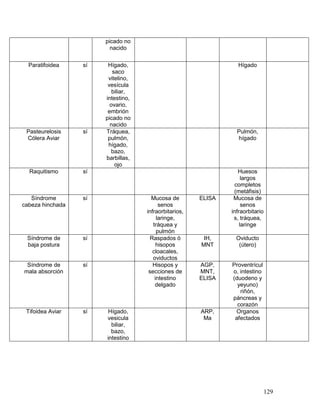 129
picado no
nacido
Paratifoidea sí Hígado,
saco
vitelino,
vesícula
biliar,
intestino,
ovario,
embrión
picado no
nacido
Hígado
Pasteurelosis
Cólera Aviar
sí Tráquea,
pulmón,
hígado,
bazo,
barbillas,
ojo
Pulmón,
hígado
Raquitismo sí Huesos
largos
completos
(metáfisis)
Síndrome
cabeza hinchada
sí Mucosa de
senos
infraorbitarios,
laringe,
tráquea y
pulmón
ELISA Mucosa de
senos
infraorbitario
s, tráquea,
laringe
Síndrome de
baja postura
sí Raspados ó
hisopos
cloacales,
oviductos
IH,
MNT
Oviducto
(útero)
Síndrome de
mala absorción
sí Hisopos y
secciones de
intestino
delgado
AGP,
MNT,
ELISA
Proventrícul
o, intestino
(duodeno y
yeyuno)
riñón,
páncreas y
corazón
Tifoidea Aviar sí Hígado,
vesicula
biliar,
bazo,
intestino
ARP,
Ma
Organos
afectados
 