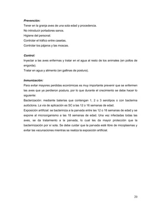 20
Prevención:
Tener en la granja aves de una sola edad y procedencia.
No introducir portadores sanos.
Higiene del personal.
Controlar el tráfico entre casetas.
Controlar los pájaros y las moscas.
Control:
Inyectar a las aves enfermas y tratar en el agua al resto de los animales (en pollos de
engorda).
Tratar en agua y alimento (en gallinas de postura).
Inmunización:
Para evitar mayores perdidas económicas es muy importante prevenir que se enfermen
las aves que ya perdieron postura, por lo que durante el crecimiento se debe hacer lo
siguiente:
Bacterización: mediante baterías que contengan 1, 2 o 3 serotipos o con bacterina
autóctona. La vía de aplicación es SC a las 12 o 16 semanas de edad.
Exposición artificial: se bacteriniza a la parvada entre las 12 o 16 semanas de edad y se
expone al microorganismo a las 18 semanas de edad. Una vez infectadas todas las
aves, se da tratamiento a la parvada, lo cual les da mayor protección que la
bacterinización por sí sola. Se debe cuidar que la parvada esté libre de micoplasmas y
evitar las vacunaciones mientras se realiza la exposición artificial.
 