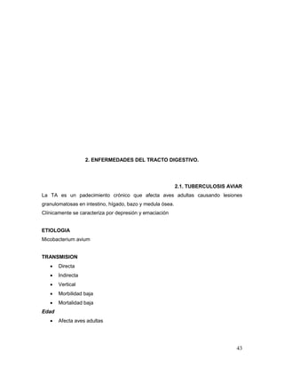 43
2. ENFERMEDADES DEL TRACTO DIGESTIVO.
2.1. TUBERCULOSIS AVIAR
La TA es un padecimiento crónico que afecta aves adultas causando lesiones
granulomatosas en intestino, hígado, bazo y medula ósea.
Clínicamente se caracteriza por depresión y emaciación
ETIOLOGIA
Micobacterium avium
TRANSMISION
 Directa
 Indirecta
 Vertical
 Morbilidad baja
 Mortalidad baja
Edad
 Afecta aves adultas
 