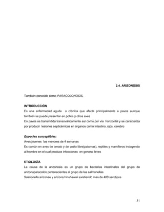 51
2.4. ARIZONOSIS
También conocido como PARACOLONOSIS.
INTRODUCCIÓN
Es una enfermedad aguda o crónica que afecta principalmente a pavos aunque
también se puede presentar en pollos y otras aves
En pavos es transmitida transováricamente así como por vía horizontal y se caracteriza
por producir lesiones septicémicas en órganos como intestino, ojos, cerebro
Especies susceptibles:
Aves jóvenes las menores de 4 semanas
Es común en aves de ornato y de vuelo libre(palomas), reptiles y mamíferos incluyendo
al hombre en el cual produce infecciones en general leves
ETIOLOGÍA
La causa de la arizonosis es un grupo de bacterias intestinales del grupo de
arizonaparacolon pertenecientes al grupo de las salmonellas
Salmonella arizonae y arizona hinshawaii existiendo mas de 400 serotipos
 