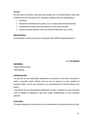 61
Control
No hay hasta el momento, nada que haya probado ser un remedio efectivo contra este
problema, pero se ha ensayado con resultados variables más que nada paliativos:
 Diuréticos
 Restricción alimenticia de los pollos ( con un retraso adicional del desarrollo)
 Complementos vitamínicos (con vitaminas C como parte principal)
 Cambio inmediato del lote o marca de alimento relacionado con el brote.
BIBLIOGRAFIA.
Enfermedades comunes de las aves domesticas; MVZ, MPVM, Ángel Mosqueda T.
2.7. PULOROSIS
SINONIMIA:
-Diarrea blanca bacilar
-Salmonelosis
INTRODUCCIÓN:
-La pulorosis es una enfermedad septicémica que produce una elevada mortandad en
pollos y pavipollos recién nacidos, entre los que se observa una gran cantidad de
animales tristes, con frío, piar constante y con empastamiento de heces alrededor de la
cloaca.
-La pulorosis es una enfermedad de distribución mundial, en México no es tan frecuente
como la tifoidea (S. gallinarum), pero bien puede considerársele un serio problema
sanitario.
ETIOLOGÍA:
-El agente etiológico de la pulorosis es una enterobacteria, la Salmonella pullorum (Sp),
 