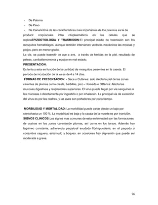 96
- De Paloma
- De Pavo
- De CanarioUna de las características mas importantes de los poxvirus es la de
producir corpúsculos intra citoplasmáticos en las células que se
replicaEPIZOOTIOLOGIA Y TRASMISION:El principal medio de trasmisión son los
mosquitos hematófagos, aunque también intervienen vectores mecánicos las moscas y
piojos, pero en menor grado.
La vía, se puede trasmitir de ave a ave, a través de heridas en la piel, resultado de
peleas, canibalismomonta y equipo en mal estado.
PRESENTACION:
Es lenta y esta en función de la cantidad de mosquitos presentes en la caseta. El
periodo de incubación de la va es de 4 a 14 días.
FORMAS DE PRESENTACION: - Seca o Cutánea: solo afecta la piel de las zonas
carentes de plumas como cresta, barbillas, pico - Húmeda o Diftérica: Afecta las
mucosas digestivas y respiratorias superiores. El virus puede llegar por vía sanguínea o
las mucosas o directamente por ingestión o por inhalación. La principal vía de excreción
del virus es por las costras, y las aves son portadoras por poco tiempo.
MORBILIDAD Y MORTALIDAD: La morbilidad puede variar desde un bajo por
cientohasta un 100 %. La mortalidad es baja y la causa de la muerte es por inanición.
SIGNOS CLINICOS:Los signos mas comunes de esta enfermedad son las formaciones
de costras en las zonas carentesde plumas, así como en los tarsos. Además hay
lagrimeo constante, adherencia parpebral exudado fibrinipurulento en el parpado y
conjuntiva ceguera, estornudo y boqueo. en ocasiones hay depresión que puede ser
moderada a grave.
 
