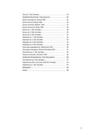 Zilus sp.1: Det. González………………………………………………… 43
Subfamilia Scymninae, Tribu Scymnini…………………………. 44
Diomus chrysogonus: Gordon 1999……………………………………. 45
Diomus leonard: Gordon 1999…………………………………………. 46
Diomus seminulus: Mulsant 1850……………………………….........         47
Diomus tucumanus: Weise 1906………………………………...........         48
Diomus sp. 1: Det. González…………………………………………..               49
Diomus sp. 2: Det. González…………………………………………..               50
Diomus sp. 3: Det. González…………………………………………..               51
Nephaspis sp. 1: Det. González……………………………………….              52
Nephaspis sp. 2: Det. González……………………………………….              53
Nephaspis sp. 3: Det. González……………………………………….              54
Nephaspis sp. 4: Det. González……………………………………….              55
Scymnobius galapagoensis Walterhouse 1845…………………….          56
Scymnobius triangularis: Gordon & González 2002………………..     57
Scymnobius sp. 1: Det. González…………………………………….              58
Scymnus rubicundus: (Erichson) 1847……………………………….            59
Subfamilia Sticholotidinae, Tribu Microweisini ……………….      60
Coccidophilus sp.1 Det. González…………………………………….             61
Delphastus pusillus: (Le Conte) 1852 Det. González……………….   62
Delphastus sp.1: Det. González……………………………………….              63
Bibliografía………………………………………………………..                         64
Anexo……………………………………………………………… 65




                                                                 5
 