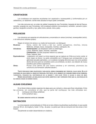 Manual de cocina profesional
                                                      36



CRUSTACEOS

       Los crustáceos son especies recubiertas con caparazón o exoesqueleto y conformados por un
cefalotórax y un abdomen, donde está ubicada la mayor parte comestible.

       Los más comunes son, en orden de calidad: langosta de Juan Fernández, langosta de Isla de Pascua,
centolla, cangrejo de Juan Fernández, krill (crustáceo antártico microscópico), centollón, camarón (nylon,
gamba), langostino amarillo y rojo, jaiba (mora, peluda, reina, pata).


MOLUSCOS

       Los moluscos son especies sin articulaciones y encerrados en valvas (conchas), exoesqueleto (erizo),
o sin estructura calcárea (pulpo).

      Según el número de valvas o su medio de locomoción, se distinguen:
Bivalvos:        Ostra, ostión del norte y del sur, ostión patagónico, choritos, choros
                 Maltones, almejas, tacas, navajuelas, machas, culengues, etc.
Univalvos:       Gasterópodos: (se desplazan sobre su estómago)
                 Locos, abalones, lapas, chochas, caracoles
                 Cefalópodos: (el tubo propulsor está en su cabeza)
                 Pulpo, calamar, jibia.
Equinodermos: (caparazón con púas) La única especie que se captura en Chile es el erizo verde; el
                 erizo negro es tóxico. La parte comestible son 5 lenguas que corresponden a sus
                 glándulas sexuales (gónadas), y un crustáceo (cangrejo del erizo) que vive como parásito
                 dentro del erizo pero se considera como una simbiosis, es decir, una relación de mutuo
                 beneficio para ambos organismos.
Otros:           Piures (vive dentro de una costra calcárea y en colonias), picorocos (su
                 concha es una formación calcárea tubular )

      TANTO PESCADOS COMO CRUSTÁCEOS Y MOLUSCOS, DEBEN CONSUMIRSE MUY FRESCOS, OJALÁ VIVOS. SU ALTO
CONTENIDO DE AGUA INDICA EL GRADO DE FRESCURA, POR TANTO, EN EL MOMENTO DE CONSUMO DEBEN ESTAR HÚMEDOS,
TURGENTES , PESADOS  ( AL SOSTENERLOS EN LA MANO ) Y CON OLOR TÍPICO A ALGAS O AGUA DE MAR .
      DEBEN DESCARTARSE LOS MOLUSCOS QUE ESTÉN ABIERTOS O MUY CERRADOS PERO QUE AL GOLPEARLOS EN
SU CONCHA HAGAN UN SONIDO HUECO.



ALGAS CHILENAS

     En el litoral chileno existen especies de algas para uso culinario y otras para fines industriales. Entre
las primeras, sin considerar el ulte, que es parte del cochayuyo, las más utilizadas son:
            cochayuyo (durvillaea antártica)
            luche (porphyra spp.)

      SE DEBEN HIDRATAR ANTES DE CONSUMIR

BATRACIOS

       La única especie comercializada en Chile es la rana chilena (caudiverbea caudiverbea), la que puede
alcanzar 30 cm. de longitud y hasta 1,2 Kg.. de peso. La parte que más se consume son las ancas o tren
trasero.
       Actualmente se están desarrollando en criaderos.
 