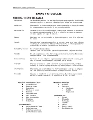 Manual de cocina profesional
                                                  88



                                CACAO Y CHOCOLATE
PROCESAMIENTO DEL CACAO
 Recolección            Se lleva a cabo a mano, con machete o con picas especiales para las mazorcas
                        que se encuentran en las ramas más altas. Estas “piñas” son almacenadas

 Extracción             Con la ayuda de un machete se abren las mazorcas y de su interior se retiran
                        las habas que están recubiertas de una pasta blanquecina

 Fermentación           Varía de acuerdo al tipo de plantación. Si es grande, las habas se fermentan
                        en grandes cubetas tapadas a 50°C. Si es pequeña, las habas se depositan
                        en sacos tapados con hojas de plátano.

 Lavado                 Las habas una vez fermentadas se desprenden de gras parte de la pulpa que
                        las rodea

 Secado                 Extendiendo el cacao sobre superficies se procede a secar al sol o por métodos
                        mecánicos, la humedad final debe ser inferior a un 8%. En esta etapa se tornan
                        quebradizas, se envasan y se despachan a las fábricas.

 Selección y limpieza   Se selecciona de acuerdo a:
                        Tamaño, color, tipo de cáscara. Se limpia de impurezas y agentes extraños

 Tostado                En esta etapa se desarrolla el aroma que encierra en su interior. Se realiza a
                        temperatura de 130° C muy lentamente.

 Descascarillado        Por medio de unas máquinas especiales se procede a retirar la cáscara, y se
                        deja en óptimas condiciones para ser pasado por el “molino”

 Triturado              El cacao es calentado a 60°C y sometido al proceso de triturado, donde la
                        manteca de cacao se funde y se obtiene una mezcla pastosa: “pasta de cacao”

 Alcalinización         El cacao líquido es sometido a una alcalinización para hacer que su pH pase
                        de 5 a 8, ya que con esto se conservan de mejor forma sus aromas

 Prensado               La pasta es introducida en una prensa que refina. Durante este proceso se
                        escurre la manteca de cacao y es separada de la “torta de cacao”.




      Productos obtenidos del Cacao                       Método de utilización
                 Cacao en polvo                                      Fundido
                 Pasta de cacao                                      Templado:
                 Cosméticos                                                 Sembrado
                 Manteca de cacao                                           Batido
                 Esencias                                                   Espatulado
                 Chocolate dulce
                 Licor de cacao                           Técnicas de uso
                 Licor de chocolate                                  Cornet
                 Chocolate                                           Glaseado
                 Coberturas                                          Moldeado
                                                                     Vaciado
      Tipos de cobertura                                             Tallado
                 Cobertura de chocolate                              Plástico o Mica
                 Cobertura mixta                                     Combinaciones
                 Cobertura sucedánea
                 (sin manteca de cacao)
 
