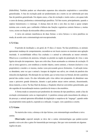 14
(hidrofobia). Também podem ser observados espasmos dos músculos respiratórios e convulsões
generalizadas. A fase de excitação pode ser predominante ate a morte ou ser substituída por uma
fase de paralisia generalizada. Em alguns casos, a fase de excitação e muito curta e, em quase todo
o curso da doença, predomina a sintomatologia paralítica. Tal fato ocorre, principalmente, quando a
espécie transmissora e o morcego. A doença dura de dois a seis dias ou mais e quase sempre
termina com a morte, que e atribuída à falência das funções vegetativas centrais básicas e, muitas
vezes, ocorre em função da miocardite rábica concomitante.
A raiva em animais manifesta-se de duas formas: a raiva furiosa e a raiva paralítica ou
muda, de acordo com a sintomatologia nervosa apresentada.
1.7.2 Cães
O período de incubação e, em geral, de 15 dias a 2 meses. Na fase prodrômica, os animais
apresentam mudança de comportamento, escondem-se em locais escuros ou mostram uma agitação
inusitada. A excitabilidade reflexa fica exaltada e o animal se sobressalta ao menor estimulo.
Observa-se a ocorrência de anorexia, irritação ou prurido na região de penetração do vírus e uma
ligeira elevação da temperatura. Apos um a três dias, ficam acentuados os sintomas de excitação. O
cão se torna agressivo, com tendência a morder objetos, outros animais, o homem (inclusive o seu
proprietário) e morder a si mesmo, muitas vezes provocando graves ferimentos. A salivação torna-
se abundante, uma vez que o animal e incapaz de deglutir sua saliva, em virtude da paralisia dos
músculos da deglutição. Há alteração do seu latido, que se torna rouco ou bitonal, devido a paralisia
parcial das cordas vocais. Os cães infectados pelo vírus rabico tem propensão de abandonar suas
casas e percorrer grande distancias, durante a qual podem atacar outros animais, disseminando,
dessa maneira, a raiva. Na fase final da doença, e freqüente observar convulsões generalizadas, que
são seguidas de incoordenação motora e paralisia do tronco e dos membros.
A forma muda se caracteriza por predomínio de sintomas do tipo paralíticos, sendo a fase de
excitação extremamente curta ou imperceptível. A paralisia começa pela musculatura da cabeça e
do pescoço; o animal apresenta dificuldade de deglutição e suspeita-se de “engasgo”, quando então
seu proprietário tenta ajuda-lo, expondo-se a infecção. A seguir, vem a paralisia e a morte.
1.7.3 Gatos
canina.
Na maioria das vezes, a doença e do tipo furioso, com sintomatologia semelhante a raiva
Observação: especial atenção se deve dar a outras sintomatologias que podem ocorrer
quando a raiva em cães e gatos for transmitida por morcegos, fato que vem ocorrendo em algumas
regiões do país.
 