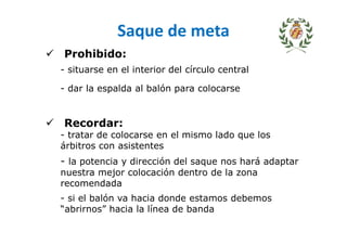 Saque de meta
Prohibido:
- situarse en el interior del círculo central
- dar la espalda al balón para colocarse
Recordar:
- tratar de colocarse en el mismo lado que los
árbitros con asistentes
- la potencia y dirección del saque nos hará adaptar
nuestra mejor colocación dentro de la zona
recomendada
- si el balón va hacia donde estamos debemos
“abrirnos” hacia la línea de banda
 