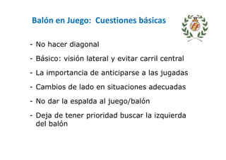 Balón en Juego: Cuestiones básicas
- No hacer diagonal
- Básico: visión lateral y evitar carril central
- La importancia de anticiparse a las jugadas
- Cambios de lado en situaciones adecuadas
- No dar la espalda al juego/balón
- Deja de tener prioridad buscar la izquierda
del balón
 