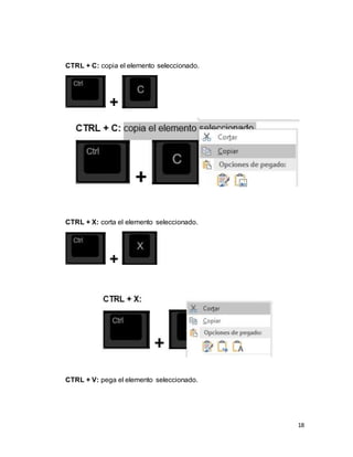 18
CTRL + C: copia el elemento seleccionado.
+
CTRL + X: corta el elemento seleccionado.
+
CTRL + V: pega el elemento seleccionado.
 