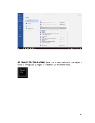 40
RE PAG (REGRESAR PÁGINA): hace que el cursor retroceda una página o
hasta el principio de la página si se trata de un documento corto.
 