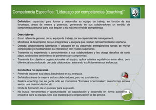 Competencia Específica: “Liderazgo por competencias (coaching)”
    Definición: capacidad para formar y desarrollar su equipo de trabajo en función de sus
    fortalezas, áreas de mejora y potencial, generando en sus colaboradores un sentido de
    compromiso personal para que lleguen a su máximo nivel de competencia

    Descriptores
•   Es un referente genuino de su equipo de trabajo por su capacidad de management.
•   Monitorea el desempeño de sus integrantes y asegura que reciban retroalimentación oportuna.
•   Detecta colaboradores talentosos y colabora en su desarrollo entregándoles tareas de mayor
    complejidad y/o facilitándoles su interacción con niveles superiores.
•   Transmite su experiencia y conocimientos a sus colaboradores y les otorga desafíos de corto
    plazo, creándoles sentimiento de pertenencia y compromiso.
•   Transmite los objetivos organizacionales al equipo, aplica criterios equitativos entre ellos, pero
    diferencia la contribución de cada colaborador, valorando explícitamente sus esfuerzos.

    Conductas no esperadas
•   Pretende imponer sus ideas, basándose en su jerarquía.
•   Señala las áreas de mejora en los colaboradores, pero no sus talentos.
•   Realiza coaching con su gente sólo en momentos “formales o terminales”: cuando hay errores
    serios, una desvinculación etc.
•   Omite la formación de un sucesor para su puesto.
•   No busca herramientas y oportunidades de capacitación y desarrollo en forma autónoma y
    proactiva para su equipo, sino que espera que la organización se las provea.
 