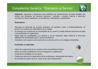 Competencia Genérica: “Orientación al Servicio”
     Definición: capacidad y disposición para satisfacer los requerimientos de todos aquellos que
     reciben sus productos y/o servicios (alumnos / docentes / usuarios internos y externos),
     conociendo y dando respuesta a sus problemas, necesidades y expectativas.

     Descriptores

•    Promueve el desarrollo de vínculos duraderos, de beneficio mutuo y fundamentalmente, de
     servicio con quienes son destinatarios de su trabajo.
•    Es proactivo en la detección de necesidades de su usuario y evalúa distintas soluciones en base
     a sus solicitudes y/o sugerencias.
•    Agota todas las posibilidades a su alcance y, de ser necesario, logra involucrar a otros para
     satisfacer las necesidades que su usuario le presenta.
•    Considera a sus usuarios como socios de un producto común, con ventajas compartidas.

     Conductas no esperadas

•    Valora las sugerencias de los usuarios como una pérdida de tiempo.
•    Deriva al usuario insatisfecho a otros sin asegurar su satisfacción.
•    Confronta en el diálogo con el usuario.
•    Presta poca atención al seguimiento de los problemas y necesidades del usuario.
•    No entiende al usuario como la “razón de ser de la Organización”.
 