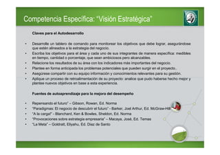 Competencia Específica: “Visión Estratégica”
    Claves para el Autodesarrollo

•   Desarrolle un tablero de comando para monitorear los objetivos que debe lograr, asegurándose
    que estén alineados a la estrategia del negocio.
•   Escriba los objetivos para el área y cada uno de sus integrantes de manera específica: medibles
    en tiempo, cantidad o porcentaje, que sean ambiciosos pero alcanzables.
•   Relacione los resultados de su área con los indicadores más importantes del negocio.
•   Plantee en forma anticipada los problemas potenciales que pueden surgir en el proyecto..
•   Asegúrese compartir con su equipo información y conocimientos relevantes para su gestión.
•   Aplique un proceso de retroalimentación de su proyecto: analice que pudo haberse hecho mejor y
    plantee nuevos objetivos en base a esta experiencia.

    Fuentes de autoaprendizaje para la mejora del desempeño

•   Repensando el futuro” – Gibson, Rowan, Ed. Norma
•   “Paradigmas: El negocio de descubrir el futuro” - Barker, Joel Arthur, Ed. McGraw-Hill
•   “A la carga!” - Blanchard, Ken & Bowles, Sheldon, Ed. Norma
•   “Provocaciones sobre estrategia empresaria” – Macaya, José, Ed. Temas
•   “La Meta” – Goldratt, Eliyahu, Ed. Diaz de Santo
 