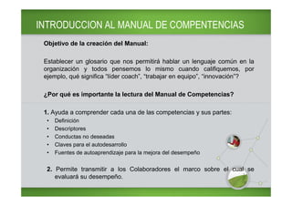 INTRODUCCION AL MANUAL DE COMPENTENCIAS
 Objetivo de la creación del Manual:

 Establecer un glosario que nos permitirá hablar un lenguaje común en la
 organización y todos pensemos lo mismo cuando califiquemos, por
 ejemplo, qué significa “líder coach”, “trabajar en equipo”, “innovación”?

 ¿Por qué es importante la lectura del Manual de Competencias?

 1. Ayuda a comprender cada una de las competencias y sus partes:
  •   Definición
  •   Descriptores
  •   Conductas no deseadas
  •   Claves para el autodesarrollo
  •   Fuentes de autoaprendizaje para la mejora del desempeño


  2. Permite transmitir a los Colaboradores el marco sobre el cual se
     evaluará su desempeño.
 