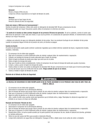 Limpie el compresor con un paño.
Semanal:
Revise y limpie el filtro de aire.
Limpie los orificios respiraderos en el tapón de llenado de aceite.
Mensual:
Verifique que no haya fugas de aire.
Revise la válvula de alivio de seguridad.
Cada seis meses o 200 horas de funcionamiento*:
Cambie el aceite del compresor. Utilice sólo aceite no detergente de densidad SAE 30 para compresores de aire.
Reemplace el aceite con mayor frecuencia cuando utilice el compresor en entornos con polvo.
* El aceite de la bomba se debe cambiar después de las primeras 20 horas de operación. De ahí en adelante, cambie el aceite cada
200 horas de operación o bien cada seis meses, lo que ocurra primero. En condiciones de operación difíciles, el mantenimiento se debe
efectuar con mayor frecuencia.
+ Aplique una solución de agua con detergente alrededor de las juntas. Vea si se producen burbujas de aire alrededor de las juntas
cuando el compresor llegue al límite de la presión de corte y la bomba se apague.
Cambio de Aceite:
El aceite de lubricación usado puede contener sustancias reguladas que se deben eliminar acatando las leyes y regulaciones locales,
estatales y federales.
1. El compresor de aire debe estar apagado.
2. Deje que el compresor se enfríe totalmente antes de intentar cualquier labor de mantenimiento o reparación.
3. Coloque una bandeja de drenaje de aceite adecuada bajo el tapón de drenaje.
4. Retire el tapón de llenado de aceite para dejar que entre aire en el cárter.
5. Retire el tapón de drenaje del aceite.
4. Deje que el aceite se drene completamente. Incline el compresor de aire hacia el drenaje del aceite para ayudar al proceso.
5. Limpie y vuelva a poner el tapón de drenaje del aceite.
6. Vuelva a llenar el cárter con aceite no detergente de densidad SAE 30 para compresores de aire hasta que el nivel de aceite llegue
al cima del círculo rojo en la mirilla del nivel de aceite. Tenga cuidado de que no se rebose.
7. Vuelva a instalar el tapón de llenado de aceite.
Revisión de la Válvula de Alivio de Seguridad:
LA VÁLVULA DE SEGURIDAD SE DEBE REEMPLAZAR SI NO SE PUEDE ACCIONAR O SI SE PRODUCE UNA FUGA DE AIRE TRAS LIB-
ERAR EL ANILLO.
1. El compresor de aire debe estar apagado.
2. Desconecte el compresor de la alimentación eléctrica.
3. Abra el drenaje del tanque para purgar toda la presión de aire antes de intentar cualquier labor de mantenimiento o reparación.
4. Deje que el compresor se enfríe totalmente antes de intentar cualquier labor de mantenimiento o reparación.
5. Agarre el anillo de alambre en la válvula de seguridad.
6. Jale y suelte el anillo unas cuantas veces para garantizar que el émbolo entre y salga. Reemplace la válvula de seguridad si el
émbolo no se mueve o lo hace con dificultad.
Revisión del Elemento Filtrante de Aire:
1. El compresor de aire debe estar apagado.
2. Desconecte el compresor de la alimentación eléctrica.
3. Abra el drenaje del tanque para purgar toda la presión de aire antes de intentar cualquier labor de mantenimiento o reparación.
4. Deje que el compresor se enfríe totalmente antes de intentar cualquier labor de mantenimiento o reparación.
5. Desatornille el filtro, al cual se puede acceder por la parte posterior del compresor de aire, desde el cabezal de la bomba, girándolo
en sentido antihorario.
6. Retire la cara del cuerpo del filtro para acceder al elemento filtrante.
7. Limpie dicho elemento con agua tibia con detergente. Enjuague el filtro y déjelo secar al aire antes de volver a instalarlo.
12
ADVERTENCIA
 