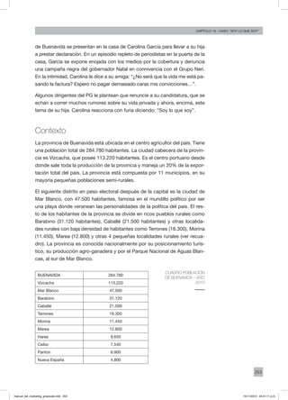 253
Capítulo 16 - Caso: “Soy lo que soy”
de Buenavida se presentan en la casa de Carolina García para llevar a su hija
a prestar declaración. En un episodio repleto de periodistas en la puerta de la
casa, García se expone enojada con los medios por la cobertura y denuncia
una campaña negra del gobernador Natal en connivencia con el Grupo Neri.
En la intimidad, Carolina le dice a su amiga: “¿No será que la vida me está pa-
sando la factura? Espero no pagar demasiado caras mis convicciones…”.
Algunos dirigentes del PG le plantean que renuncie a su candidatura, que se
echan a correr muchos rumores sobre su vida privada y ahora, encima, este
tema de su hija. Carolina reacciona con furia diciendo: “Soy lo que soy”.
Contexto
La provincia de Buenavida está ubicada en el centro agricultor del país. Tiene
una población total de 284.780 habitantes. La ciudad cabecera de la provin-
cia es Vizcacha, que posee 113.220 habitantes. Es el centro portuario desde
donde sale toda la producción de la provincia y maneja un 20% de la expor-
tación total del país. La provincia está compuesta por 11 municipios, en su
mayoría pequeñas poblaciones semi-rurales.
El siguiente distrito en peso electoral después de la capital es la ciudad de
Mar Blanco, con 47.500 habitantes, famosa en el mundillo político por ser
una playa donde veranean las personalidades de la política del país. El res-
to de los habitantes de la provincia se divide en ricos pueblos rurales como
Barabino (31.120 habitantes), Caballé (21.500 habitantes) y otras localida-
des rurales con baja densidad de habitantes como Terrones (18.300), Morina
(11.450), Marea (12.800) y otras 4 pequeñas localidades rurales (ver recua-
dro). La provincia es conocida nacionalmente por su posicionamiento turís-
tico, su producción agro-ganadera y por el Parque Nacional de Aguas Blan-
cas, al sur de Mar Blanco.
BUENAVIDA 284.780
Vizcacha 113.220
Mar Blanco 47.500
Barabino 31.120
Caballé 21.500
Terrones 18.300
Morina 11.450
Marea 12.800
Haras 9.650
Ceibo 7.540
Panton 6.900
Nueva España 4.800
Cuadro Población
de Buenavida – Año
2010
manual_del_marketing_grayscale.indd 253 15/11/2013 04:51:11 p.m.
 