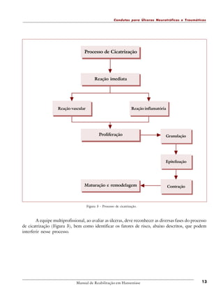 Condutas para Úlceras Neurotróficas e Traumáticas

Processo de Cicatrização

Reação imediata

Reação vascular

Reação inflamatória

Proliferação

Granulação

Epitelização

Maturação e remodelagem

Contração

Figura 3 - Processo de cicatrização.

A equipe multiprofissional, ao avaliar as úlceras, deve reconhecer as diversas fases do processo
de cicatrização (Figura 3), bem como identificar os fatores de risco, abaixo descritos, que podem
interferir nesse processo.

Manual de Reabilitação em Hanseníase

13

 