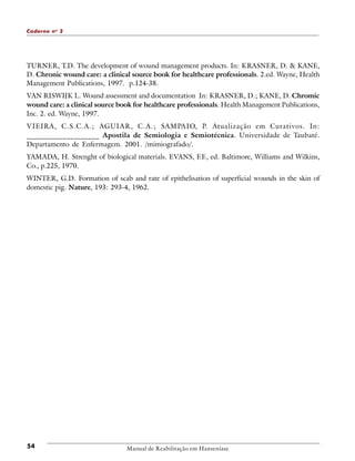 Caderno n o 2

TURNER, T.D. The development of wound management products. In: KRASNER, D. & KANE,
D. Chronic wound care: a clinical source book for healthcare professionals. 2.ed. Wayne, Health
Management Publications, 1997. p.124-38.
VAN RISWIJK L. Wound assessment and documentation In: KRASNER, D.; KANE, D. Chromic
wound care: a clinical source book for healthcare professionals. Health Management Publications,
Inc. 2. ed. Wayne, 1997.
VIEIRA, C.S.C.A.; AGUIAR, C.A.; SA M PAIO, P. Atualização em Curativos. In:
____________________ Apostila de Semiologia e Semiotécnica. Universidade de Taubaté.
Departamento de Enfermagem. 2001. /mimiografado/.
YAMADA, H. Strenght of biological materials. EVANS, F.F., ed. Baltimore, Williams and Wilkins,
Co., p.225, 1970.
WINTER, G.D. Formation of scab and rate of epithelisation of superficial wounds in the skin of
domestic pig. Nature, 193: 293-4, 1962.

54

Manual de Reabilitação em Hanseníase

 