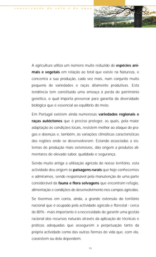A agricultura utiliza um número muito reduzido de espécies ani-
mais e vegetais em relação ao total que existe na Natureza, e
concentra a sua produção, cada vez mais, num conjunto muito
pequeno de variedades e raças altamente produtivas. Esta
tendência tem constituído uma ameaça à perda de património
genético, o qual importa preservar para garantia da diversidade
biológica que é essencial ao equilíbrio do meio.
Em Portugal existem ainda numerosas variedades regionais e
raças autóctones que é preciso proteger, as quais, pela maior
adaptação às condições locais, resistem melhor ao ataque de pra-
gas e doenças e, também, às variações climáticas características
das regiões onde se desenvolveram. Estando associadas a sis-
temas de produção mais extensivos, dão origem a produtos ali-
mentares de elevado sabor, qualidade e segurança.
Sendo muito antiga a utilização agrícola do nosso território, esta
actividade deu origem às paisagens rurais que hoje conhecemos
e admiramos, sendo responsável pela manutenção de uma parte
considerável da fauna e flora selvagens que encontram refúgio,
alimentação e condições de desenvolvimento nos campos agrícolas.
Se tivermos em conta, ainda, a grande extensão do território
nacional que é ocupado pela actividade agrícola e florestal - cerca
de 80% - mais importante é a necessidade de garantir uma gestão
racional dos recursos naturais através da aplicação de técnicas e
práticas adequadas que assegurem a perpetuação tanto da
própria actividade como das outras formas de vida que, com ela,
coexistem ou dela dependem.
c o n s e r v a ç ã o d o s o l o e d a á g u a
13
 