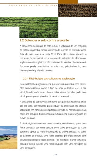 2.2 Defender o solo contra a erosão
A prevenção da erosão do solo requer a utilização de um conjunto
de práticas agrícolas capazes de impedir a perda da camada super-
ficial do solo, que é a mais fértil. Para além disso, durante o
processo de erosão há um arrastamento selectivo de elementos:
argila e matéria orgânica preferencialmente. Assim, não só se veri-
fica uma perda quantitativa do solo mas, principalmente, uma
diminuição da qualidade do solo.
2.2.1 Distribuição das culturas na exploração
Nas explorações agrícolas em que existam parcelas com difere-
ntes características, como o tipo de solo, o declive, etc., a dis-
tribuição adequada das culturas pelas várias parcelas pode con-
tribuir para a prevenção dos processos de erosão.
A existência de sebes vivas em torno das parcelas favorece a fixa-
ção do solo, contribuindo para reduzir os processos de erosão,
sobretudo em zonas de precipitação elevada. O mesmo objectivo
pode ser atingido distribuindo as culturas em faixas segundo as
curvas de nível.
A distribuição das culturas deve ser feita, de tal forma, que a uma
folha ocupada por uma cultura com baixa protecção do solo,
durante a época de maior intensidade de chuva, suceda, no senti-
do da linha de declive, uma folha ocupada por outra cultura com
elevado grau de protecção do solo. Por exemplo, a uma folha ocu-
pada por cereal suceda uma folha ocupada com uma forragem ou
uma pastagem.
c o n s e r v a ç ã o d o s o l o e d a á g u a
25
 