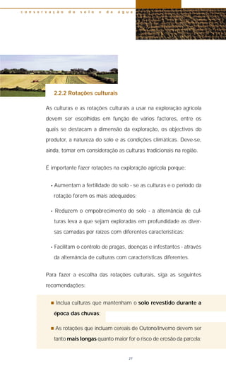 2.2.2 Rotações culturais
As culturas e as rotações culturais a usar na exploração agrícola
devem ser escolhidas em função de vários factores, entre os
quais se destacam a dimensão da exploração, os objectivos do
produtor, a natureza do solo e as condições climáticas. Deve-se,
ainda, tomar em consideração as culturas tradicionais na região.
É importante fazer rotações na exploração agrícola porque:
• Aumentam a fertilidade do solo - se as culturas e o período da
rotação forem os mais adequados;
• Reduzem o empobrecimento do solo - a alternância de cul-
turas leva a que sejam exploradas em profundidade as diver-
sas camadas por raízes com diferentes características;
• Facilitam o controlo de pragas, doenças e infestantes - através
da alternância de culturas com características diferentes.
Para fazer a escolha das rotações culturais, siga as seguintes
recomendações:
n Inclua culturas que mantenham o solo revestido durante a
época das chuvas;
n As rotações que incluam cereais de Outono/Inverno devem ser
tanto mais longas quanto maior for o risco de erosão da parcela;
c o n s e r v a ç ã o d o s o l o e d a á g u a
27
 