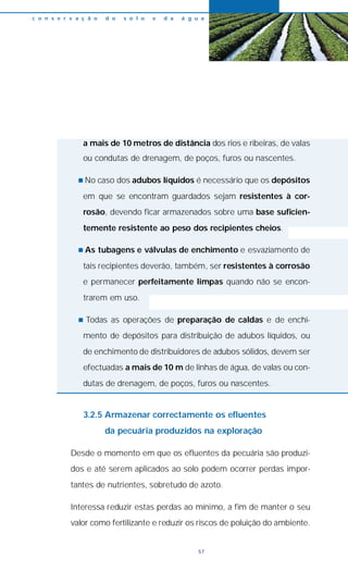 a mais de 10 metros de distância dos rios e ribeiras, de valas
ou condutas de drenagem, de poços, furos ou nascentes.
n No caso dos adubos líquidos é necessário que os depósitos
em que se encontram guardados sejam resistentes à cor-
rosão, devendo ficar armazenados sobre uma base suficien-
temente resistente ao peso dos recipientes cheios.
n As tubagens e válvulas de enchimento e esvaziamento de
tais recipientes deverão, também, ser resistentes à corrosão
e permanecer perfeitamente limpas quando não se encon-
trarem em uso.
n Todas as operações de preparação de caldas e de enchi-
mento de depósitos para distribuição de adubos líquidos, ou
de enchimento de distribuidores de adubos sólidos, devem ser
efectuadas a mais de 10 m de linhas de água, de valas ou con-
dutas de drenagem, de poços, furos ou nascentes.
3.2.5 Armazenar correctamente os efluentes
da pecuária produzidos na exploração
Desde o momento em que os efluentes da pecuária são produzi-
dos e até serem aplicados ao solo podem ocorrer perdas impor-
tantes de nutrientes, sobretudo de azoto.
Interessa reduzir estas perdas ao mínimo, a fim de manter o seu
valor como fertilizante e reduzir os riscos de poluição do ambiente.
c o n s e r v a ç ã o d o s o l o e d a á g u a
57
 
