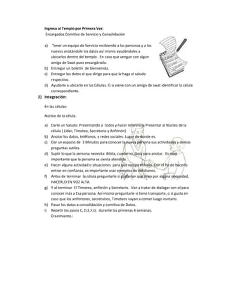 Ingreso al Templo por Primera Vez:
    Encargados Comitiva de Servicio y Consolidación

   a)  Tener un equipo de Servicio recibiendo a las personas y a los
      nuevos anotándole los datos así mismo ayudándoles a
      ubicarlos dentro del templo. En caso que vengan con algún
      amigo de Swat pues encargárselo.
   b) Entregar un boletín de bienvenida.
   c) Entregar los datos al que dirige para que le haga el saludo
      respectivo.
   d) Ayudarle a ubicarlo en las Células. O si viene con un amigo de swat identificar la célula
      correspondiente.
2) Integración:

   En las células:

   Núcleo de la célula.

   a) Darle un Saludo: Presentando a todos y hacer referencia Presentar al Núcleo de la
      célula ( Líder, Timoteo, Secretario y Anfitrión)
   b) Anotar los datos, teléfonos, y redes sociales. Lugar de donde es.
   c) Dar un espacio de 3 Minutos para conocer la nueva persona sus actividades y demás
      preguntas sutiles.
   d) Suplir lo que la persona necesita: Biblia, cuaderno, lápiz para anotar. Es muy
      importante que la persona se sienta atendida.
   e) Hacer alguna actividad o situaciones para que rompa el hielo. Con el fin de hacerlo
      entrar en confianza, es importante usar ejemplos de cotidianos.
   f) Antes de terminar la célula preguntarle si gustarían que oren por alguna necesidad,
      HACERLO EN VOZ ALTA.
   g) Y al terminar El Timoteo, anfitrión y Secretario. Van a tratar de dialogar con el para
      conocer más a Esa persona. Así mismo preguntarle si tiene transporte, o si gusta en
      caso que los anfitriones, secretarios, Timoteos vayan a comer luego invitarlo.
   h) Pasar los datos a consolidación y comitiva de Datos.
   i) Repetir los pasos C, D,E,F,G. durante las primeras 4 semanas.
      Crecimiento.:
 