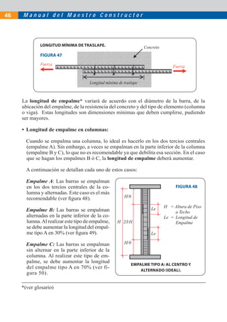 M a n u a l d e l M a e s t r o C o n s t r u c t o r46
Fuerza Fuerza
Longitud mínima de traslape
Concreto
La longitud de empalme* variará de acuerdo con el diámetro de la barra, de la
ubicación del empalme, de la resistencia del concreto y del tipo de elemento (columna
o viga). Estas longitudes son dimensiones mínimas que deben cumplirse, pudiendo
ser mayores.
• Longitud de empalme en columnas:
Cuando se empalma una columna, lo ideal es hacerlo en los dos tercios centrales
(empalme A). Sin embargo, a veces se empalman en la parte inferior de la columna
(empalme B y C), lo que no es recomendable ya que debilita esa sección. En el caso
que se hagan los empalmes B ó C, la longitud de empalme deberá aumentar.
A continuación se detallan cada uno de estos casos:
Empalme A: Las barras se empalman
en los dos tercios centrales de la co-
lumna y alternadas. Este caso es el más
recomendable (ver ﬁgura 48).
Empalme B: Las barras se empalman
alternadas en la parte inferior de la co-
lumna.Al realizar este tipo de empalme,
se debe aumentar la longitud del empal-
me tipo A en 30% (ver ﬁgura 49).
Empalme C: Las barras se empalman
sin alternar en la parte inferior de la
columna. Al realizar este tipo de em-
palme, se debe aumentar la longitud
del empalme tipo A en 70% (ver fi-
gura 50).
FIGURA 47
FIGURA 48
LONGITUD MÍNIMA DE TRASLAPE.
EMPALME TIPO A: AL CENTRO Y
ALTERNADO (IDEAL).
*(ver glosario)
H
H/6
H/6
2/3H
Le
Le
H = Altura de Piso
a Techo
Le = Longitud de
Empalme
 