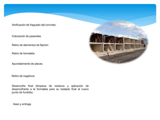 Verificación de fraguado del concreto.
Colocación de pasarelas
Retiro de elementos de fijación
Retiro de formaleta
Apuntalamiento de placas
Retiro de negativos
Desencofre final (limpieza de residuos y aplicación de
desencofrante a la formaleta para su traslado final al nuevo
punto de fundida).
Aseo y entrega
 