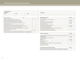 188
madera estructural g-1				cumple
Pié derecho, cadenetas y soleras				 		 Si	 No
Médula no mayor al 25% de largo de la pieza. No tipo corcho.
Nudos firmes. No deben abarcar más del 50% del ancho de la pieza.
Se aceptan, bolsas de resina no mayor al 50% del ancho de la pieza.
Canto muerto no mayor al 15% del largo de la pieza, y 25% respecto del ancho.
Largos: tolerancia 0 + 1,5 mm
Humedad menor a 30% en paneles y menor a 40% en cerchas y casetones.
Arqueadura: No debe exceder medio espesor en cualquier tramo de 2,5 mts de longitud.
Encorvadura: No mayor a 13 mm en un tramo de 2,5 mts. de longitud.
Torcedura: No mayor a 1mm por 25mm de ancho en cualquier tramo de 2,5 mts, de longitud
Acanaladura: No debe exceder 1/25 del ancho.
estructura de paneles							cumple
Separación entre pié derecho y soleras, separación cadenetas debe ser de – 2 + 0mm. Sin clavo a la vista.
Torcedura en paneles, máximo 5mm en un largo vertical y horizontal de 2,4 mts. Usar regla de aluminio.
madera para cerchas g-1				 cumple
Cerchas no a la vista					 		 Si	 No
Mismas especificaciones de madera estructural G-1
Cerchas a la vista							cumple
Cepillado 4 caras, sin médula, sin canto muerto
Revestimientos exteriores. Smart Panel u OSB.					 cumple
Cantos deben ir pintados.
Cabeza del clavo debe quedar al ras de la plancha.
Revestimiento de contrachapado fenólico.					 cumple
No se aceptan laminas sopladas o sueltas
La cabeza del tornillo debe quedar al ras de la plancha. No se debe usar martillo.
El revestimiento debe ser tipo fenólico. 1a calidad.
No se aceptan placas con las puntas o esquinas quebradas
madera vigas laminadas						cumple
								Si	No
Finger joint, médula 50% del largo de la pieza, sólo en una cara, mínimo 20mm al interior de los cantos.	
vigas laminadas							cumple
Sin médula a la vista, sólo en las caras interiores.
Uso adhesivo UR-218
vigas 2 “t”								cumple
Tolerancia la largo + - 10mm.
Madera finger joint.
Acepta médula 50% del largo, solamente en la línea de ranurado. No tipo corcho
No se acepta canto muerto
Nudo firme, máx. 3/4 diametro
procedimiento medición contenido humedad					cumple
Se debe efectuar a una distancia no menor de 50 cms, de los extremos de la pieza. Insertar los electrodos
en forma perpendicular a la superficie en el centro de la cara y a una profundidad de 1/4 – 1/5 del espesor.
cartilla de control
contratista:
fecha	 obra	 panel
carpintero
certificación y registro del muro envolvente
anexo 3
 