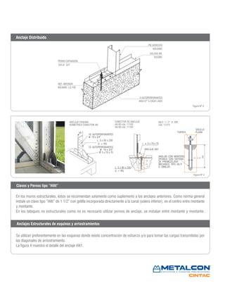 ANCLAJE ESQUINA
ISOMÉTRICA CONECTOR AN
40
10 AUTOPERFORANTES
# 10 x 3/4”
L 5 x 50 x 230
(L = 40)
10 AUTOPERFORANTES
# 10 x 3/4”
PL 5 x 70 x 70
HILO 1 / 2” X 200
cód. 11215
ANCLAR CON MORTERO
EPOXICO CON SISTEMA
DE PREMEZCLADO
MECANICO TIPO HILTI
O SIMILAR
5 / 8”
TUERCA
GOLILLA
PLANA
200
CONECTOR DE ANCLAJE
AN 60 cód. 11183
AN 90 cód. 11184
L 5 x 90 x 230
(L = 40)
PL 5 x 70 x 702
ANCLAJE AN1
Figura Nº 3
Figura Nº 4
PERNO EXPANSIÓN
3/8 x2 3/4”
REF. INFERIOR
60CA085 LG:100
3 AUTOPERFORANTES
#8x1/2” A CADA LADO
SOLERA INF.
62C085
PIE DERECHO
60CA085
Clavos y Pernos tipo “Hilti”
Anclajes Estructurales de esquinas y arriostramientos
En los muros estructurales, éstos se recomiendan solamente como suplemento a los anclajes anteriores. Como norma general
instale un clavo tipo “Hilti” de 1 1/2” con golilla incorporada directamente a la canal (solera inferior), en el centro entre montante
y montante.
En los tabiques no estructurales como no es necesario utilizar pernos de anclaje, se instalan entre montante y montante.
Se utilizan preferentemente en las esquinas donde existe concentración de esfuerzo y/o para tomar las cargas transmitidas por
las diagonales de arriostramiento.
La figura 4 muestra el detalle del anclaje AN1.
Anclaje Distribuido
 