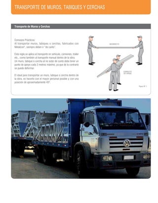 TRANSPORTE DE MUROS, TABIQUES Y CERCHAS
INCORRECTO
CORRECTO
45º APROX.
Figura Nº 1
Transporte de Muros y Cerchas
Consejos Prácticos:
Al transportar muros, tabiques o cerchas, fabricados con
Metalcon®
, siempre deben ir “de canto”.
Esta regla se aplica al transporte en vehículo, camiones, trailer
etc., como también al transporte manual dentro de la obra.
Un muro, tabique o cercha al no estar de canto debe tener un
punto de apoyo cada 3 metros máximo, ya que de lo contrario
se puede deformar.
El ideal para transportar un muro, tabique o cercha dentro de
la obra, es hacerlo con el mayor personal posible y con una
posición de aproximadamente 45º.
 