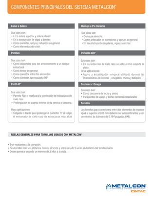 COMPONENTES PRINCIPALES DEL SISTEMA METALCON
®
Montaje o Pie Derecho
Sus usos son:
• En la solera superior y solera inferior
• En la costrucción de vigas y dinteles
• Como conectar, apoyo y refuerzos en general
• Como elementos de unión
Canal o Solera
Costanera®
OmegaPerfil AT®
Sus usos son:
• Como costanera de techo y cielos
• Para puntos de apoyo y como elemento estabilizador
Sus usos son:
• Permitir fijar el nivel para la confección de estructuras de
cielo raso
• Prolongación de cuerda inferior de la cercha o larguero.
Otras aplicaciones
• Colgador o tirante para prolongar el Conector TI®
al colgar
el entramado de cielo raso de estructuras más altas
Sus usos son:
• Como pie derecho
• Como antiesador en conexiones y apoyos en general
• En la construcción de pilares, vigas y cerchas
Portante 4OR®
Sus usos son:
• En la confección de cielo raso se utiliza como soporte de
placa
Oras aplicaciones:
• Apoyo y estabilizador temporal utilizado durante las
costrucciones de cerchas , envigados, muros y tabiques
Pletinas
Sus usos son:
• Como diagonales para dar arriostramiento a un tabique
estructural
• Como tensor en general
• Como conector entre dos elementos
• Como conector tipo escuadra 90º
Tornillos
Los tornillos para conexiones entre dos elementos de espesor
igual o superior a 0.85 mm deberán ser autoperforantes y con
un mínimo de diámetro de 0.164 pulgadas (#8)
• Son resistentes a la corrosión.
• Se atornillan con una distancia mínima al borde y entre ejes de 3 veces al diámetro del tornillo usado.
• Deben penetrar dejando un mínimo de 3 hilos a la vista.
REGLAS GENERALES PARA TORNILLOS USADOS CON METALCON®
 
