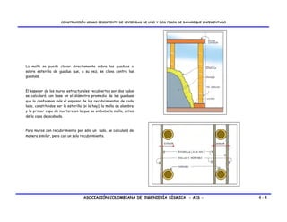 CONSTRUCCIÓN SISMO RESISTENTE DE VIVIENDAS DE UNO Y DOS PISOS DE BAHAREQUE ENCEMENTADO




La malla se puede clavar directamente sobre las guaduas o
sobre esterilla de guadua que, a su vez, se clava contra las
guaduas.


El espesor de los muros estructurales recubiertos por dos lados
se calculará con base en el diámetro promedio de las guaduas
que lo conforman más el espesor de los recubrimientos de cada
lado, constituidos por la esterilla (si la hay), la malla de alambre
y la primer capa de mortero en la que se embebe la malla, antes
de la capa de acabado.



Para muros con recubrimiento por sólo un lado, se calculará de
manera similar, pero con un solo recubrimiento.




                                    ASOCIACIÓN COLOMBIANA DE INGENIERÍA SÍSMICA - AIS -                        4-4
 
