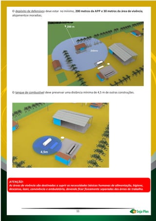 11
O depósito de defensivos deve estar no mínimo, 200 metros da APP e 30 metros da área de vivência,
alojamentoe moradias;
O tanque de combustível deve preservar uma distância mínima de 4,5 m de outras construções.
ATENÇÃO:
As áreas de vivência são destinadas a suprir as necessidades básicas humanas de alimentação, higiene,
descanso, lazer, convivência e ambulatório, devendo ficar fisicamente separadas das áreas de trabalho.
4,5m
200 m
 