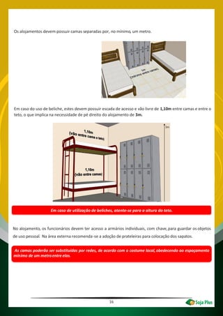 16
Em caso de utilização de beliches, atente-se para a altura do teto.
Os alojamentos devem possuir camas separadas por, no mínimo, um metro.
Em caso do uso de beliche, estes devem possuir escada de acesso e vão livre de 1,10m entre camas e entre o
teto, o que implica na necessidade de pé direito do alojamento de 3m.
No alojamento, os funcionários devem ter acesso a armários individuais, com chave,para guardar os objetos
de uso pessoal. Na área externa recomenda-se a adoção de prateleiras para colocação dos sapatos.
As camas poderão ser substituídas por redes, de acordo com o costume local,obedecendo ao espaçamento
mínimo de um metroentre elas.
 