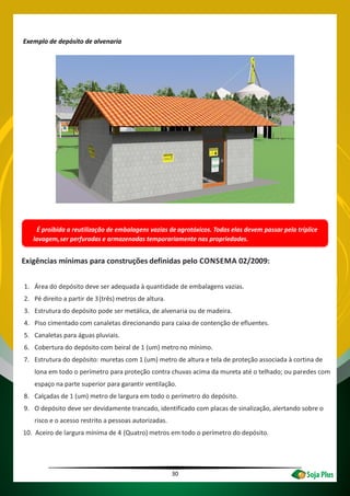 30
Exemplo de depósito de alvenaria
É proibida a reutilização de embalagens vazias de agrotóxicos. Todas elas devem passar pela tríplice
lavagem,ser perfuradas e armazenadas temporariamente nas propriedades.
Exigências mínimas para construções definidas pelo CONSEMA 02/2009:
1. Área do depósito deve ser adequada à quantidade de embalagens vazias.
2. Pé direito a partir de 3(três) metros de altura.
3. Estrutura do depósito pode ser metálica, de alvenaria ou de madeira.
4. Piso cimentado com canaletas direcionando para caixa de contenção de efluentes.
5. Canaletas para águas pluviais.
6. Cobertura do depósito com beiral de 1 (um) metrono mínimo.
7. Estrutura do depósito: muretas com 1 (um) metro de altura e tela de proteção associada à cortina de
lona em todo o perímetro para proteção contra chuvas acima da mureta até o telhado; ou paredes com
espaço na parte superior para garantir ventilação.
8. Calçadas de 1 (um) metro de largura em todo o perímetro do depósito.
9. O depósito deve ser devidamente trancado, identificado com placas de sinalização, alertando sobre o
risco e o acesso restrito a pessoas autorizadas.
10. Aceiro de largura mínima de 4 (Quatro) metros em todo o perímetro do depósito.
 
