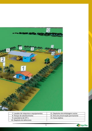 9
7. Lavador de máquinas e equipamentos 11. Depósitos de embalagens vazias
8. Tanque de abastecimento 12. Área de preservação permanente
9. Lavanderia de EPI`s 13. Fossa séptica
10. Depósito de defensivos
 