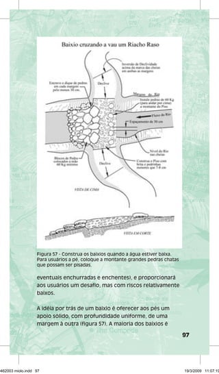 97 
Figura 57 - Construa os baixios quando a água estiver baixa. 
Para usuários a pé, coloque a montante grandes pedras chatas 
que possam ser pisadas. 
eventuais enchurradas e enchentes), e proporcionará 
aos usuários um desafio, mas com riscos relativamente 
baixos. 
A idéia por trás de um baixio é oferecer aos pés um 
apoio sólido, com profundidade uniforme, de uma 
margem à outra (figura 57). A maioria dos baixios é 
29462003 miolo.indd 97 19/3/2009 11:07:19 
 