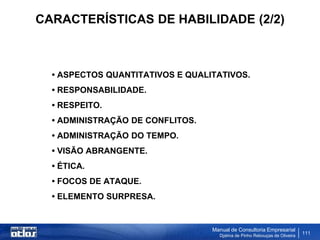 CARACTERÍSTICAS DE HABILIDADE (2/2)



  • ASPECTOS QUANTITATIVOS E QUALITATIVOS.
  • RESPONSABILIDADE.
  • RESPEITO.
  • ADMINISTRAÇÃO DE CONFLITOS.
  • ADMINISTRAÇÃO DO TEMPO.
  • VISÃO ABRANGENTE.
  • ÉTICA.
  • FOCOS DE ATAQUE.
  • ELEMENTO SURPRESA.


                                  Manual de Consultoria Empresarial
                                    Djalma de Pinho Rebouças de Oliveira
                                                                           111
 