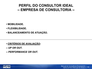 PERFIL DO CONSULTOR IDEAL
        – EMPRESA DE CONSULTORIA –


• MOBILIDADE.
• FLEXIBILIDADE.
• BALANCEAMENTO DE ATUAÇÃO.



• CRITÉRIOS DE AVALIAÇÃO:
– UP OR OUT.
– PERFORMANCE OR OUT.




                              Manual de Consultoria Empresarial
                                Djalma de Pinho Rebouças de Oliveira
                                                                       120
 