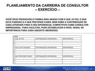 PLANEJAMENTO DA CARREIRA DE CONSULTOR
            – EXERCÍCIO –

VOCÊ DEVE PREENCHER O FORMULÁRIO ABAIXO COM O QUE JÁ FEZ, O QUE
ESTÁ FAZENDO E O QUE PRETENDE FAZER, BEM COMO A CONTRIBUIÇÃO DE
CADA ATIVIDADE PARA O SEU DIFERENCIAL COMPETITIVO COMO CONSULTOR
EMPRESARIAL. PARA FACILITAR, PODE ESTABELECER O NÍVEL GERAL DE
IMPORTÂNCIA PARA CADA ASSUNTO ABORDADO.




                                            Manual de Consultoria Empresarial
                                              Djalma de Pinho Rebouças de Oliveira
                                                                                     122
 