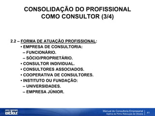 CONSOLIDAÇÃO DO PROFISSIONAL
         COMO CONSULTOR (3/4)


2.2 – FORMA DE ATUAÇÃO PROFISSIONAL:
      • EMPRESA DE CONSULTORIA:
        – FUNCIONÁRIO.
        – SÓCIO/PROPRIETÁRIO.
      • CONSULTOR INDIVIDUAL.
      • CONSULTORES ASSOCIADOS.
      • COOPERATIVA DE CONSULTORES.
      • INSTITUTO OU FUNDAÇÃO:
        – UNIVERSIDADES.
        – EMPRESA JÚNIOR.



                                       Manual de Consultoria Empresarial
                                         Djalma de Pinho Rebouças de Oliveira
                                                                                41
 