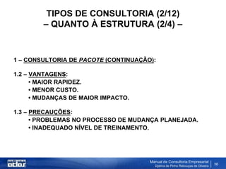 TIPOS DE CONSULTORIA (2/12)
        – QUANTO À ESTRUTURA (2/4) –


1 – CONSULTORIA DE PACOTE (CONTINUAÇÃO):

1.2 – VANTAGENS:
      • MAIOR RAPIDEZ.
      • MENOR CUSTO.
      • MUDANÇAS DE MAIOR IMPACTO.

1.3 – PRECAUÇÕES:
      • PROBLEMAS NO PROCESSO DE MUDANÇA PLANEJADA.
      • INADEQUADO NÍVEL DE TREINAMENTO.




                                      Manual de Consultoria Empresarial
                                        Djalma de Pinho Rebouças de Oliveira
                                                                               56
 