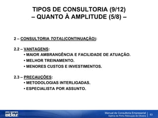 TIPOS DE CONSULTORIA (9/12)
       – QUANTO À AMPLITUDE (5/8) –


2 – CONSULTORIA TOTAL(CONTINUAÇÃO):

2.2 – VANTAGENS:
      • MAIOR AMBRANGÊNCIA E FACILIDADE DE ATUAÇÃO.
      • MELHOR TREINAMENTO.
    • MENORES CUSTOS E INVESTIMENTOS.

2.3 – PRECAUÇÕES:
      • METODOLOGIAS INTERLIGADAS.
      • ESPECIALISTA POR ASSUNTO.




                                        Manual de Consultoria Empresarial
                                          Djalma de Pinho Rebouças de Oliveira
                                                                                 63
 