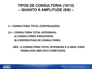TIPOS DE CONSULTORIA (10/12)
      – QUANTO À AMPLITUDE (6/8) –



2 – CONSULTORIA TOTAL (CONTINUAÇÃO):

2.4 – CONSULTORIA TOTAL INTEGRADA:
    A) CONSULTORES ASSOCIADOS.
    B) COOPERATIVAS DE CONSULTORES.

   OBS.: A CONSULTORIA TOTAL INTEGRADA É A IDEAL PARA
        TRABALHOS AMPLOS E COMPLEXOS.




                                       Manual de Consultoria Empresarial
                                         Djalma de Pinho Rebouças de Oliveira
                                                                                64
 
