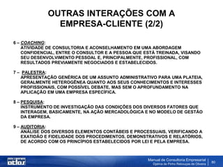 OUTRAS INTERAÇÕES COM A
               EMPRESA-CLIENTE (2/2)

6 – COACHING:
    ATIVIDADE DE CONSULTORIA E ACONSELHAMENTO EM UMA ABORDAGEM
    CONFIDENCIAL, ENTRE O CONSULTOR E A PESSOA QUE ESTÁ TREINADA, VISANDO
    SEU DESENVOLVIMENTO PESSOAL E, PRINCIPALMENTE, PROFISSIONAL, COM
    RESULTADOS PREVIAMENTE NEGOCIADOS E ESTABELECIDOS.

7 – PALESTRA:
   APRESENTAÇÃO GENÉRICA DE UM ASSUNTO ADMINISTRATIVO PARA UMA PLATEIA,
   GERALMENTE HETEROGÊNEA QUANTO AOS SEUS CONHECIMENTOS E INTERESSES
   PROFISSIONAIS, COM POSSÍVEL DEBATE, MAS SEM O APROFUNDAMENTO NA
   APLICAÇÃO EM UMA EMPRESA ESPECÍFICA.

8 – PESQUISA:
    INSTRUMENTO DE INVESTIGAÇÃO DAS CONDIÇÕES DOS DIVERSOS FATORES QUE
    INTERAGEM, BASICAMENTE, NA AÇÃO MERCADOLÓGICA E NO MODELO DE GESTÃO
    DA EMPRESA.

9 – AUDITORIA:
    ANÁLISE DOS DIVERSOS ELEMENTOS CONTÁBEIS E PROCESSUAIS, VERIFICANDO A
    EXATIDÃO E FIDELIDADE DOS PROCEDIMENTOS, DEMONSTRATIVOS E RELATÓRIOS,
    DE ACORDO COM OS PRINCÍPIOS ESTABELECIDOS POR LEI E PELA EMPRESA.



                                                    Manual de Consultoria Empresarial
                                                      Djalma de Pinho Rebouças de Oliveira
                                                                                             80
 