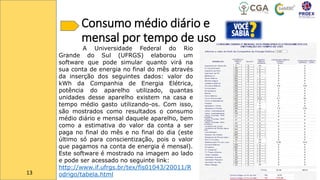 Consumo médio diário e
mensal por tempo de uso
13
A Universidade Federal do Rio
Grande do Sul (UFRGS) elaborou um
software que pode simular quanto virá na
sua conta de energia no final do mês através
da inserção dos seguintes dados: valor do
kWh da Companhia de Energia Elétrica,
potência do aparelho utilizado, quantas
unidades desse aparelho existem na casa e
tempo médio gasto utilizando-os. Com isso,
são mostrados como resultados o consumo
médio diário e mensal daquele aparelho, bem
como a estimativa do valor da conta a ser
paga no final do mês e no final do dia (este
último só para conscientização, pois o valor
que pagamos na conta de energia é mensal).
Este software é mostrado na imagem ao lado
e pode ser acessado no seguinte link:
http://www.if.ufrgs.br/tex/fis01043/20011/R
odrigo/tabela.html
 